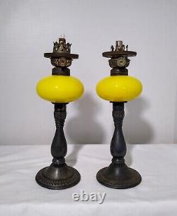 Pair of Antique 1800's Pairpoint Yellow Glass Peg Oil Lamps