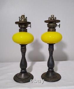 Pair of Antique 1800's Pairpoint Yellow Glass Peg Oil Lamps