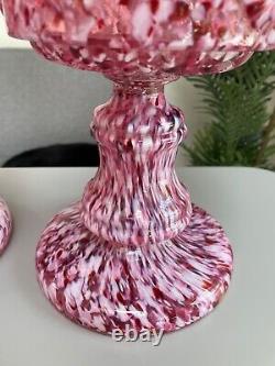 Pair of Fenton cranberry end of days oil lamps