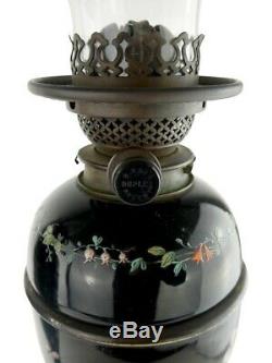 Pair of Hinks Duplex Oil Lamps Magnificently Hand Painted Black Ceramic Base