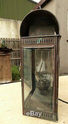 Pair of Large Antique Copper Wall Lanterns Ex Oil Lamps in Original Condition