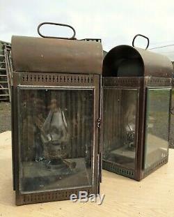Pair of Large Antique Copper Wall Lanterns Ex Oil Lamps in Original Condition