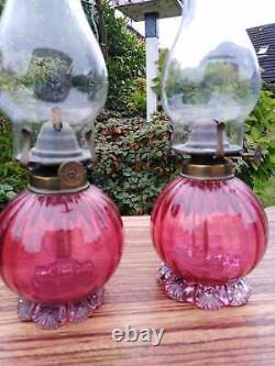 Pair of Victorian Cranberry Cottage Oil Lamps