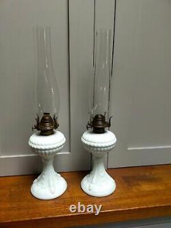 Pair of Victorian antique white glass oil lamps 18 / 46cm