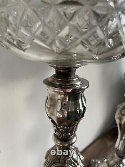 Pair of large ornate silver plate oil lamps cut glass fonts & acid etched shades