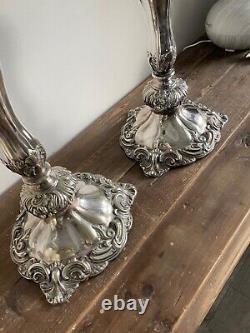 Pair of large ornate silver plate oil lamps cut glass fonts & acid etched shades