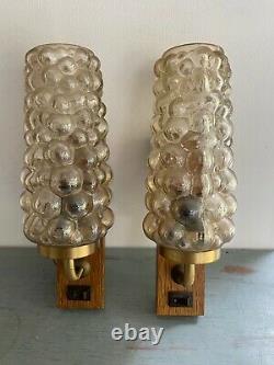 Pair of mid century oak and amber bubble glass wall lights