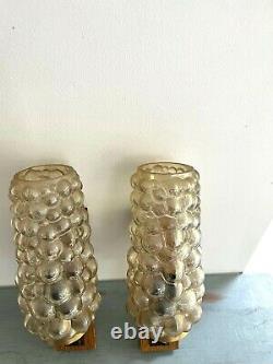 Pair of mid century oak and amber bubble glass wall lights