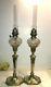 Pair of very heavy brass antique oil lamps peg style hobnail glass founts