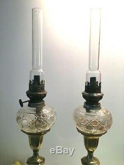Pair of very heavy brass antique oil lamps peg style hobnail glass founts