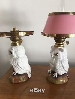 Pair of victorian german porcelain oil lamp small white owls with glass shade