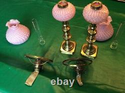 Pair pencil oil lamps pink glass shades for parts see photos c1900 heavy bases