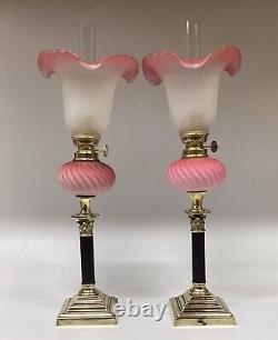 Peg Oil Lamps A Pair Pink Satin Glass Gaudard Burners Corinthian Column Bases