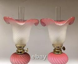 Peg Oil Lamps A Pair Pink Satin Glass Gaudard Burners Corinthian Column Bases