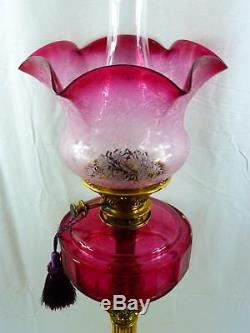 Perfect Victorian Messengers cranberry glass column Oil Lamp with Shade