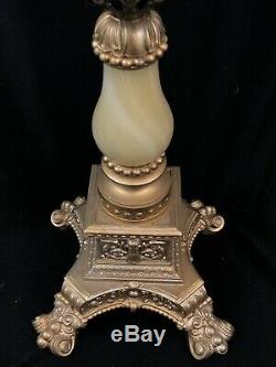 Pink and White Flora Antique Brass and Glass Banquet Oil Lamp GONE WITH THE WIND