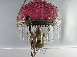 Pittsburg Oil Hanging Lamp Parlor Cranberry Hobnail Glass Shade RARE