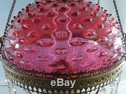 Pittsburg Oil Hanging Lamp Parlor Cranberry Hobnail Glass Shade RARE