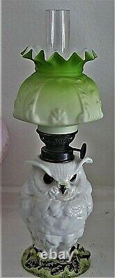 Porcelain Owl Antique Figural Victorian Miniature Oil Lamp Art Glass Shade MINT