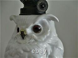 Porcelain Owl Antique Figural Victorian Miniature Oil Lamp Art Glass Shade MINT