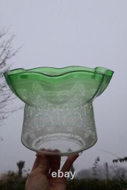 Pristine Large Victorian Green Acid Etched Oil Lamp Shade 4 inch