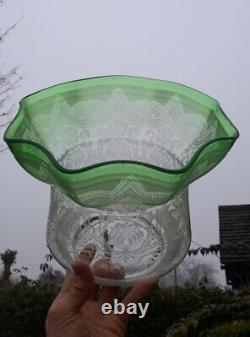 Pristine Large Victorian Green Acid Etched Oil Lamp Shade 4 inch