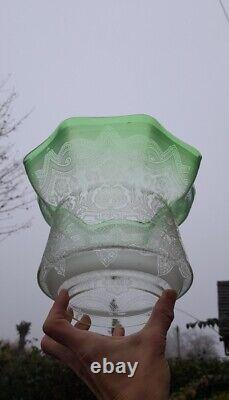 Pristine Large Victorian Green Acid Etched Oil Lamp Shade 4 inch