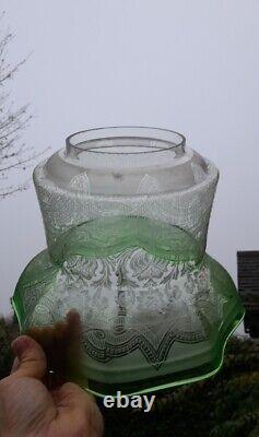 Pristine Large Victorian Green Acid Etched Oil Lamp Shade 4 inch