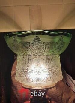 Pristine Large Victorian Green Acid Etched Oil Lamp Shade 4 inch