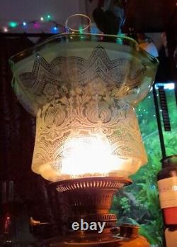 Pristine Large Victorian Green Acid Etched Oil Lamp Shade 4 inch