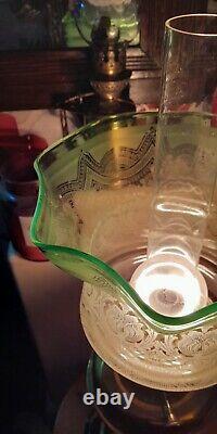 Pristine Large Victorian Green Acid Etched Oil Lamp Shade 4 inch