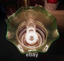 Pristine Large Victorian Green Acid Etched Oil Lamp Shade 4 inch