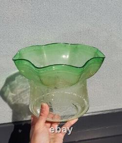 Pristine Large Victorian Green Acid Etched Oil Lamp Shade 4 inch