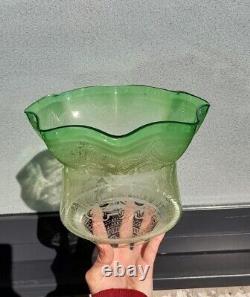 Pristine Large Victorian Green Acid Etched Oil Lamp Shade 4 inch