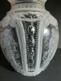 RARE 1880s Victorian Satin Glass Oil Lamp Shade Deeply Etched Scenes Ruffled Top