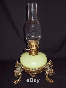Rare Antique Victorian Brass & Vaseline Uranium Glass Working Oil Lamp