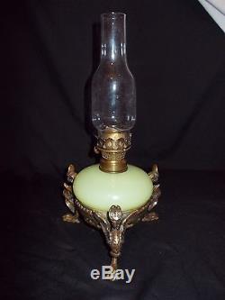 Rare Antique Victorian Brass & Vaseline Uranium Glass Working Oil Lamp
