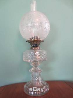 Rare Antique Victorian (circa1890)cut Crystal Glass Oil Lamp & Fine Etched Shade