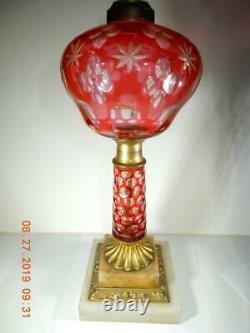 RARE Antique Sandwich Glass oil Lamp Cranberry cut to clear Marble base 14 h