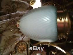 RARE! Herringbone hanging oil lamp blue mother pearl jewels dragons Victorian