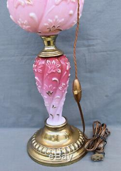 RARE Original VICTORIAN Embossed Relief Pink Glass Oil Lamp Base Column and Font