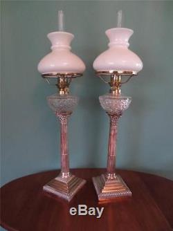 Rare Pair Antique Victorian(1890)silver & Cut Glass Oil Lamps=opal Vesta Shades