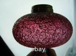 RARE PAIR MID 19th CENTURY PEG OIL LAMP FONTS, CRANBERRY CRACKLE GLASS, HARRACH