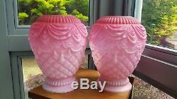 RARE Pair Antique Cranberry Pink Triple Cased Glass Heater Oil Lamp Shades 6
