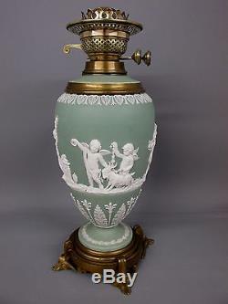 Rare Victorian Wedgwood Green Jasper Duplex Oil Lamp