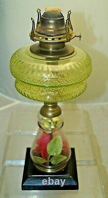 RARITY Antique 1880s 90s Victorian Vaseline Glass Oil Lamp With Cast Iron Base