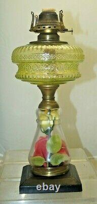 RARITY Antique 1880s 90s Victorian Vaseline Glass Oil Lamp With Cast Iron Base