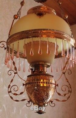REDUCED RARE Victorian Ansonia Hanging Kerosene Oil Lamp Parlor or Library