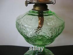 Rare Antique EAPG Green Depression Glass Rose Oil Lamp Uranium Vaseline Lighting