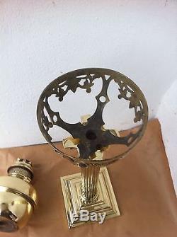 Rare Antique Famos French Brass Corinthian Column Table Oil Lamp, Shade 120 C. P